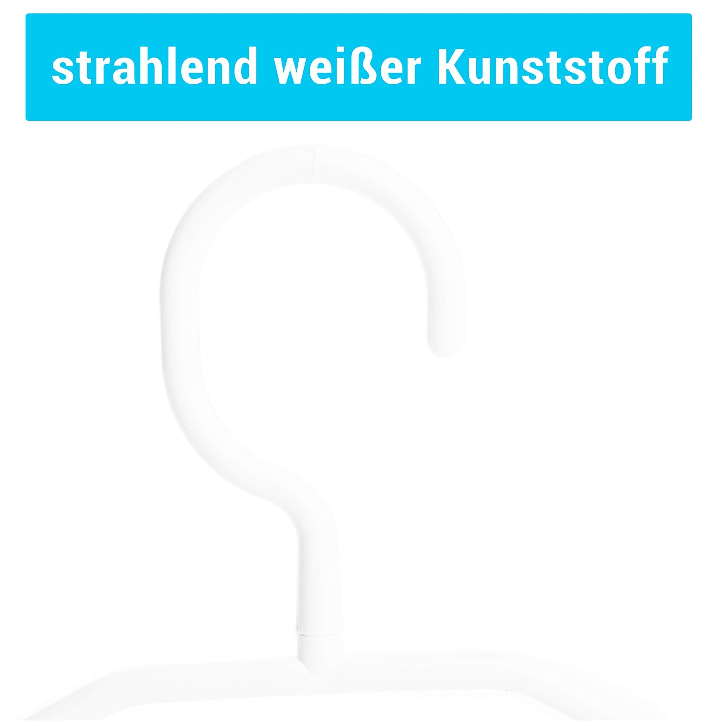 50 white plastic hangers with swivel hooks, approximately 41 cm long, a sustainable solution for organizing your closet, Made in EU, environmentally friendly with 100% recycled material.
