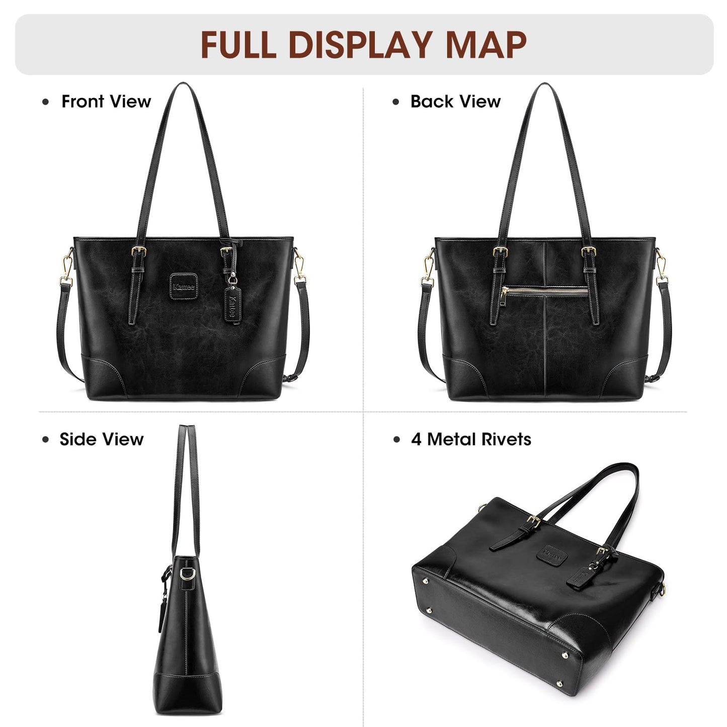 Cattee women's shoulder bag made of genuine leather handbag with 14-inch laptop compartment.