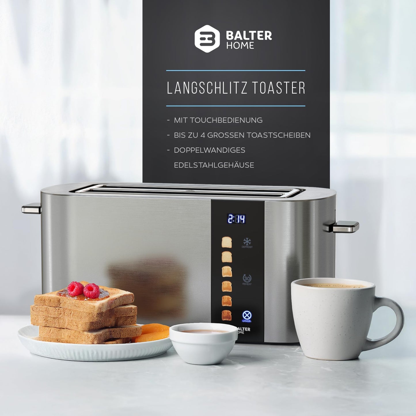 Balter 4-Slice Toaster, Touch Control, Long Slot, Stainless Steel, Bun Warmer, LCD Display, Defrost Function, Bread Centering, TS-34