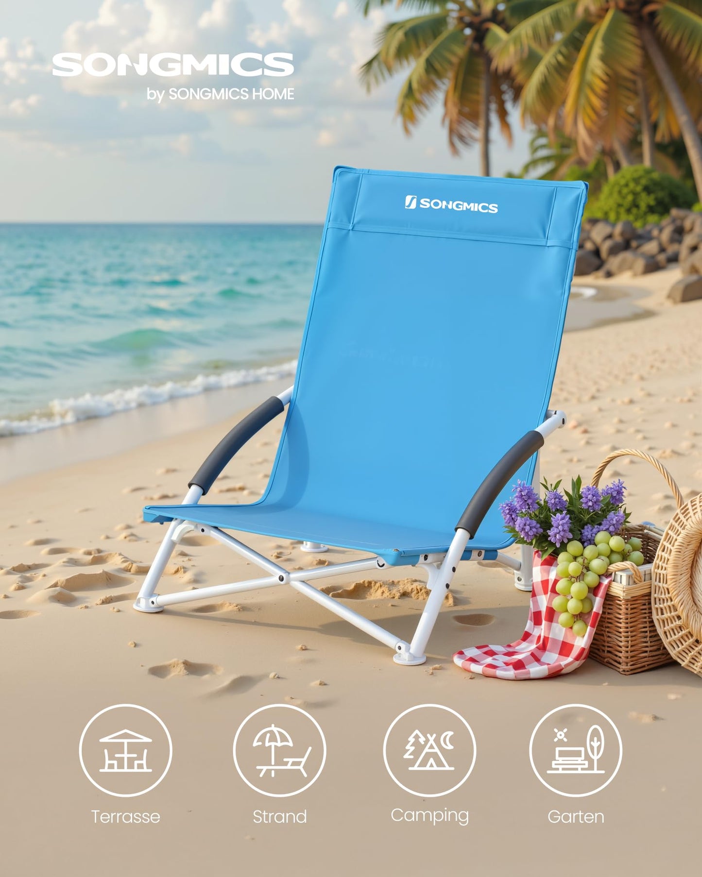 SONGMICS Beach chair, portable folding chair with high backrest, collapsible camping chair, lightweight, high load capacity, outdoor chair with carrying bag, light blue GCB61BU