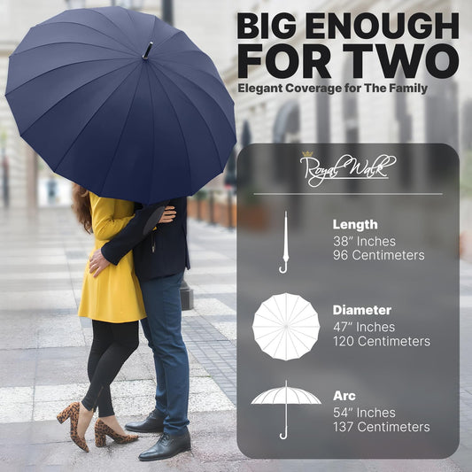 Royal Walk Large XXL 54 inch Automatic Travel Golf Umbrella for Men and Women Stormproof Windproof Lightweight Classic for 2 People Wooden Handle Water Repellent 16 Ribs Unisex 120cm