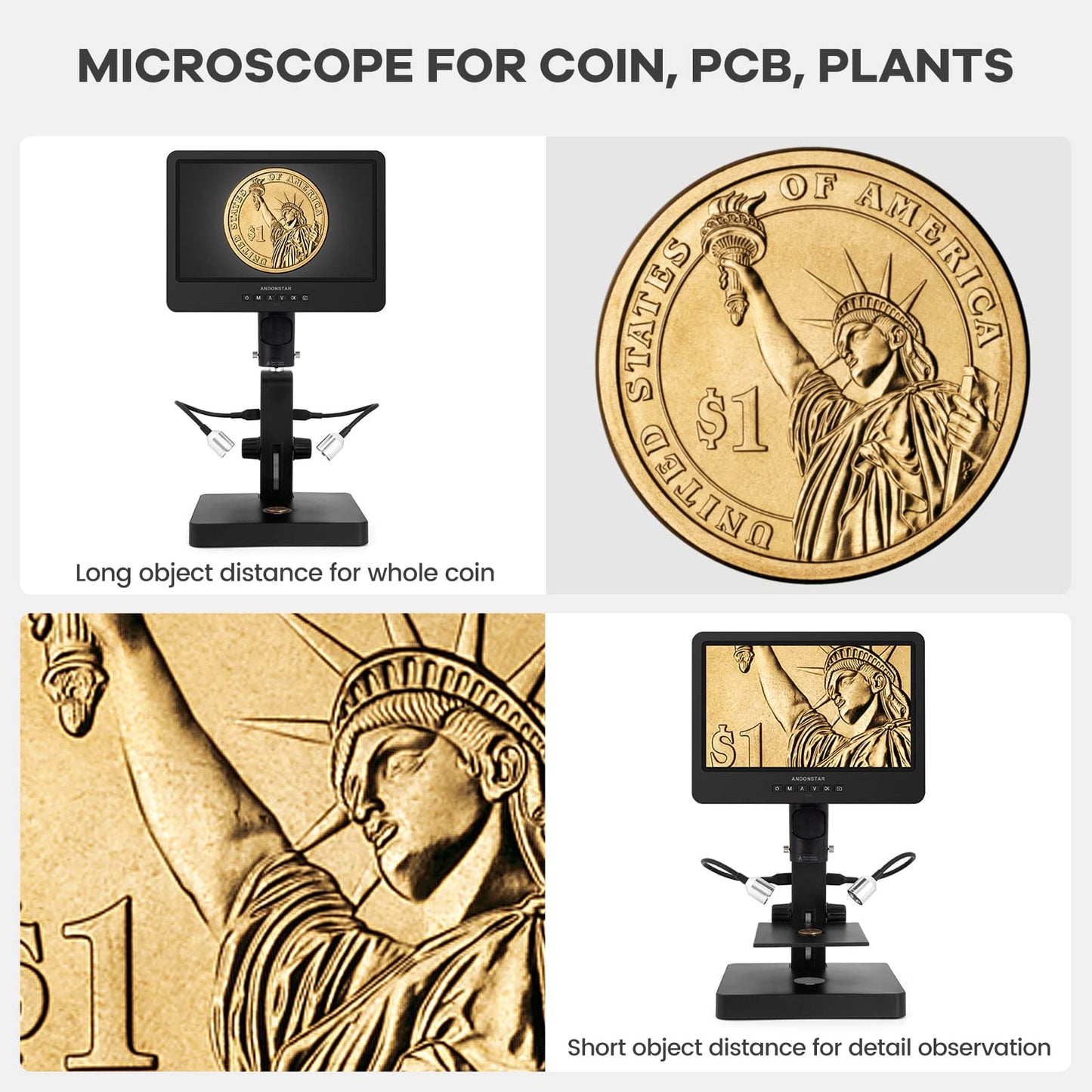 Andonstar AD249S-P 10.1 inch HDMI Digital Microscope, 4000 x 3 lens 2160P UHD video recording, biological microscope kit for adults, coin microscope for error coins