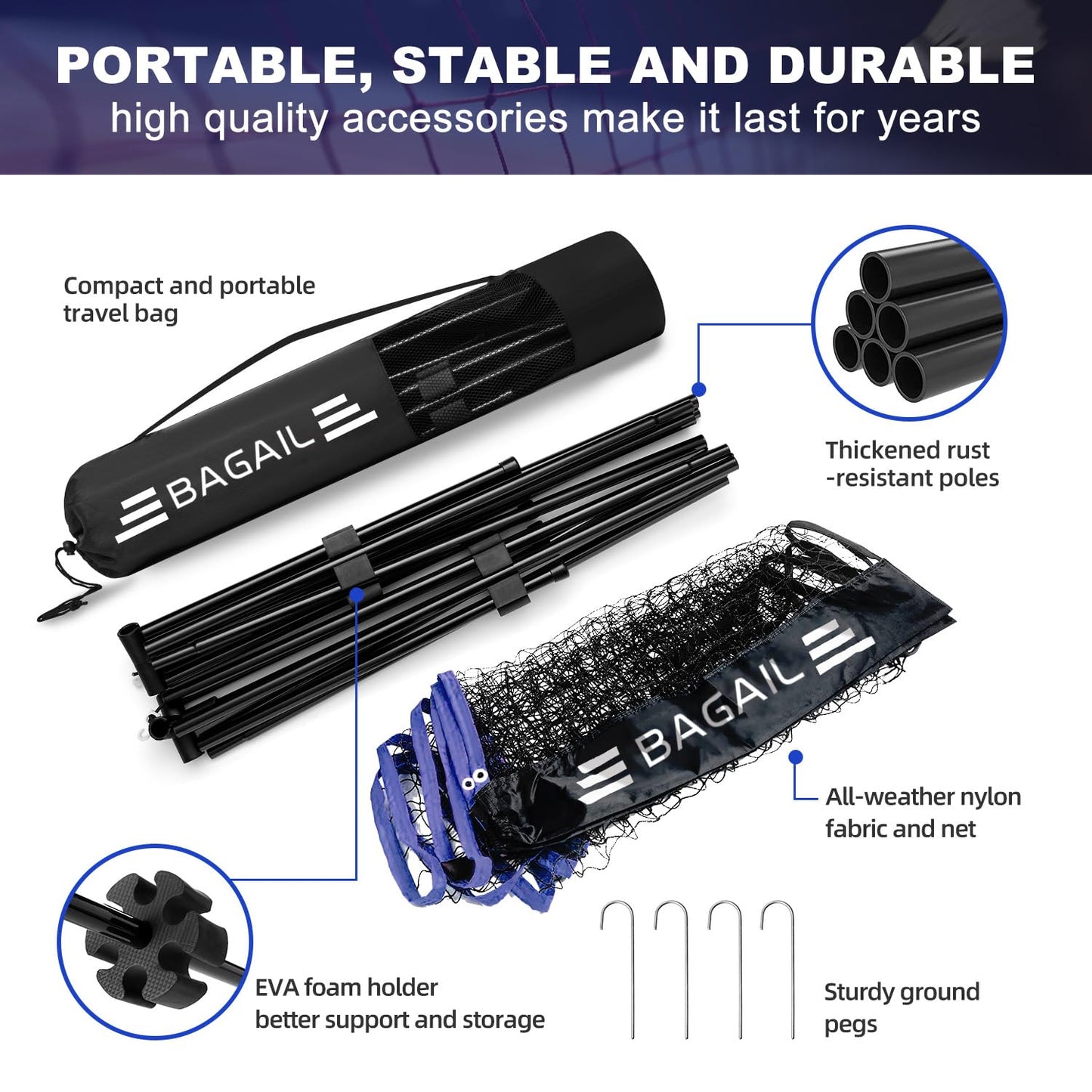 BAGAIL badminton net, foldable nylon net, adjustable stand and carrying bag, easy to set up and take down, ideal sports net for tennis, badminton, or volleyball.