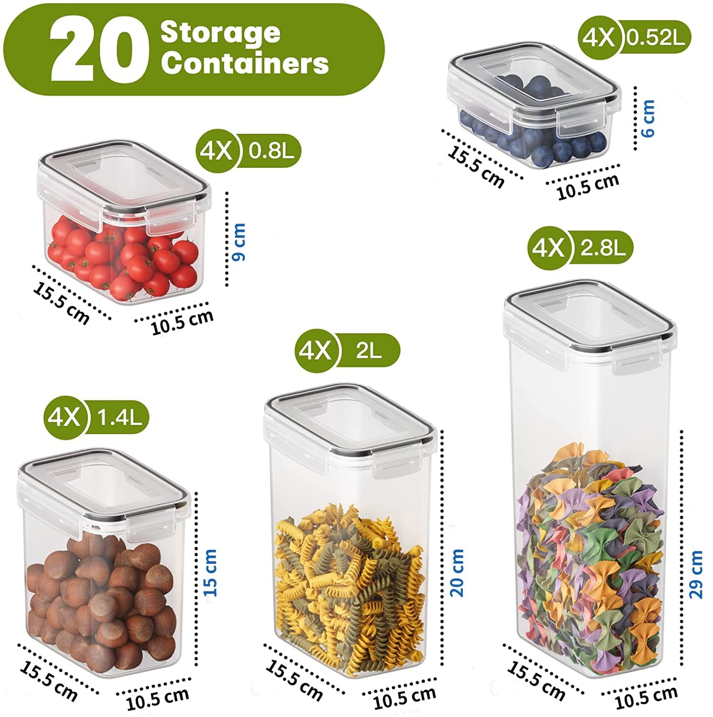 20-piece set of airtight food storage containers with plastic lids, perfect for storing spaghetti, flour, muesli, and cornflakes in the kitchen. Comes in various sizes ranging from 2.8L to 0.52L.
