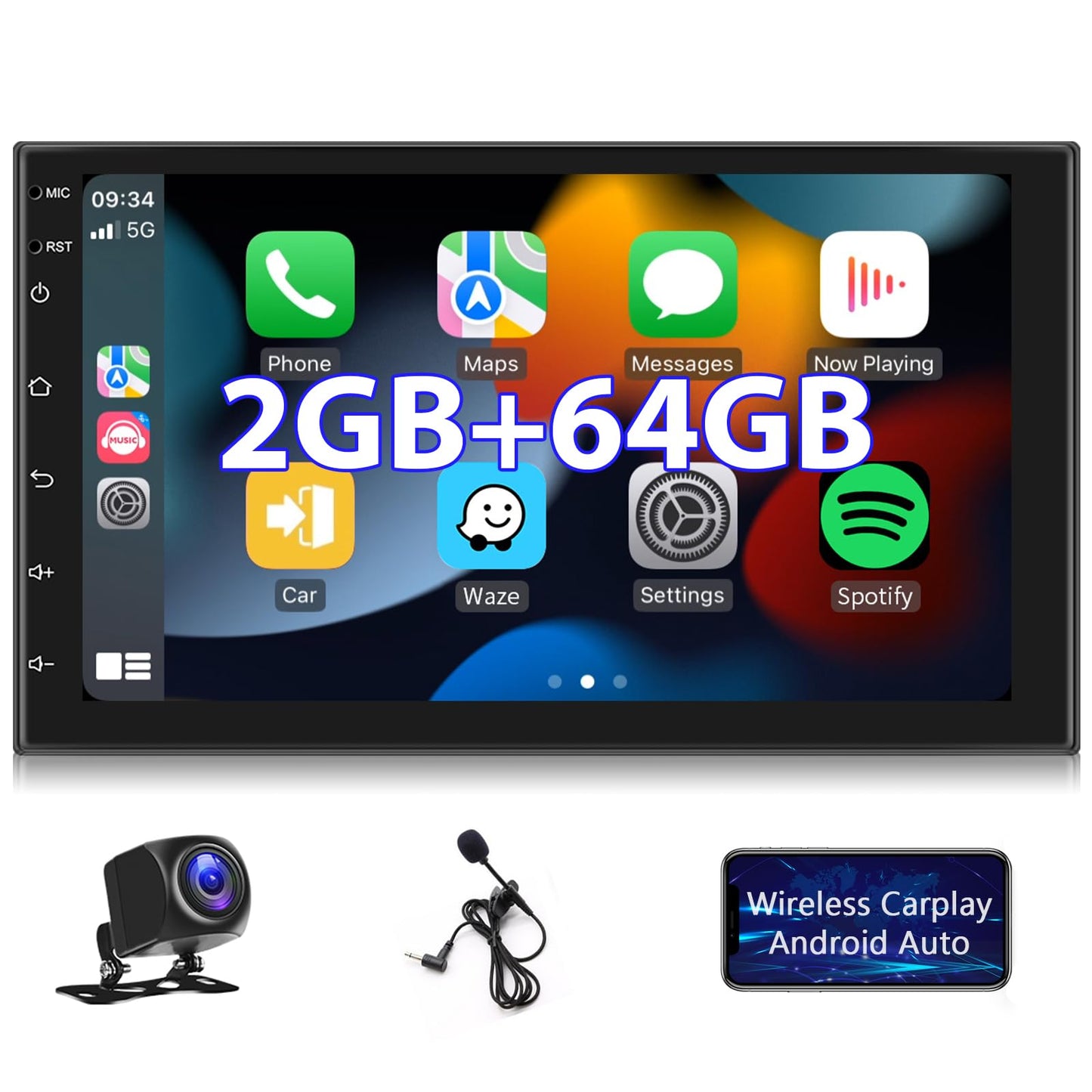 Hodozzy Android car stereo 2G+64G Wireless CarPlay Android Auto Double Din Radio with navigation 7 inch touchscreen GPS Bluetooth WiFi FM RDS Radio Rearview camera ISO adapter cable