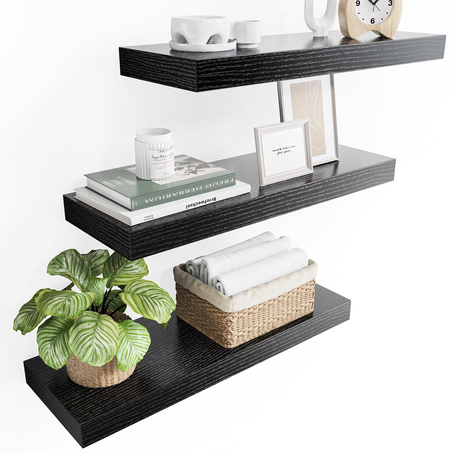 STOREMIC wall shelf black, set of 3 wall shelves, black wall shelf can hold up to 10 Kg, modern decorative display shelves for more space L40 x W14 cm for bathroom, office, living room
