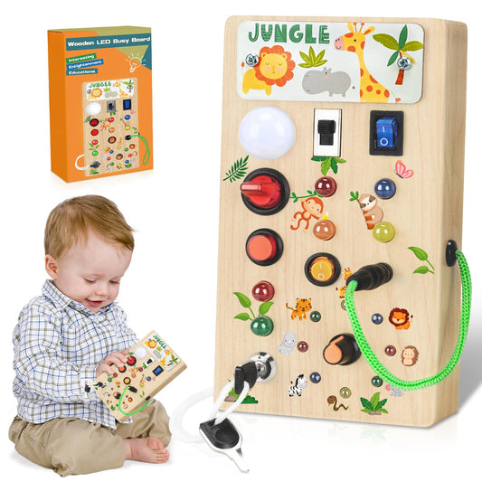 Arizona Busy Board for 1 year old and up, Montessori toy with LED lights, wooden activity board for boys and girls 1-4 years, perfect gifts for birthdays, Children's Day, and Christmas (Jungle theme).
