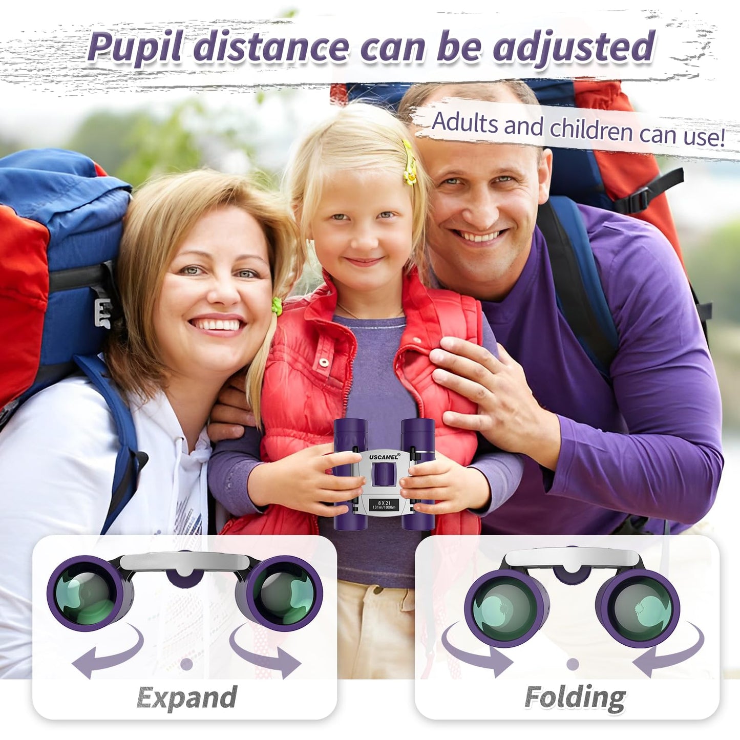 USCAMEL Binoculars for Kids and Adults, 8x21 Small Pocket Binoculars Compact for Bird Watching and Hunting (Purple)