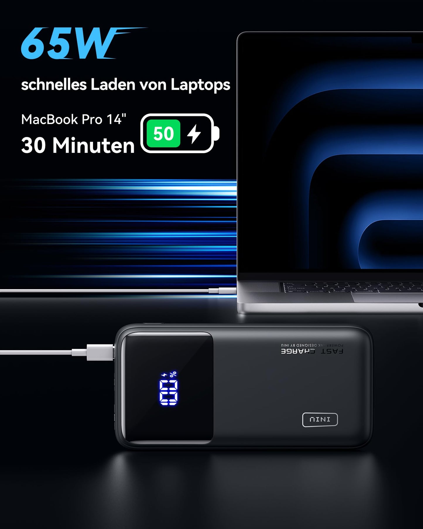 INIU Power Bank, 20000mAh 65W power bank small but powerful for phone & laptop, external portable chargers with USB C input & output, compatible with MacBook Pro, Surface Go, iPad, iPhone 17, 16, 15, 14 Pro Max, plus Steam Deck.