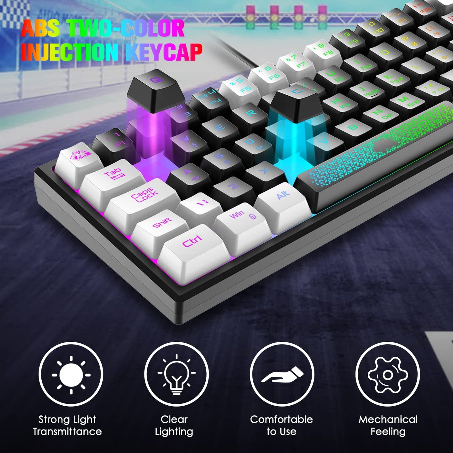 Mini 60% gaming keyboard, membrane game keyboard with semi-mechanical keys, optical RGB chroma backlit compact 62 keys double color keycap, QWERTY layout for PC laptop Mac computer - Black & White.