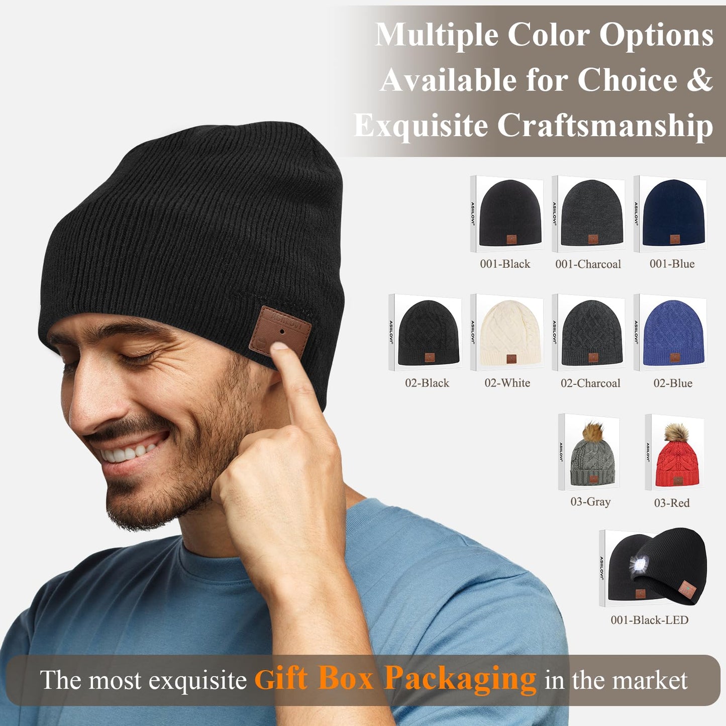 ASIILOVI Bluetooth Beanie, Bluetooth 5.0 Wireless Winter Warm Knit Hat with Double Fleece Lining, Microphone, and HD Speakers, Gifts for Family Thanksgiving Outdoor Christmas- Unisex