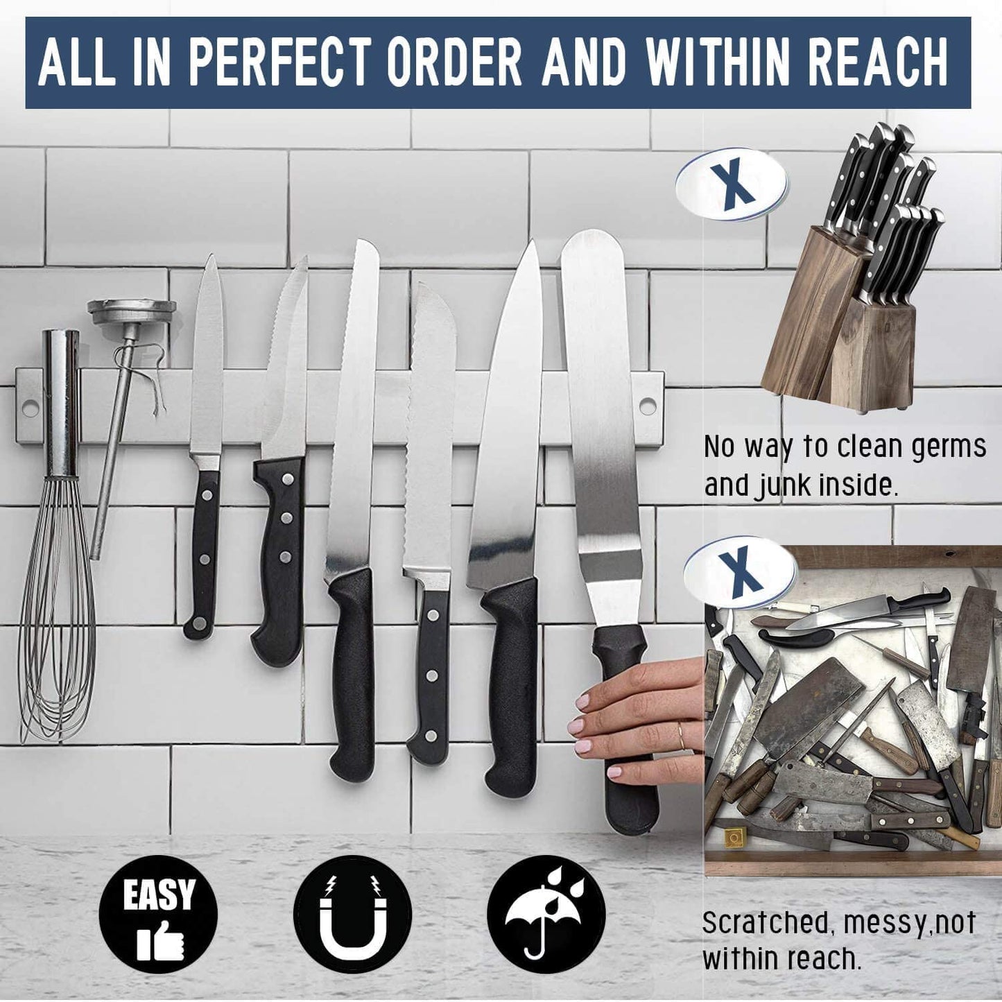 Improved 50cm Magnetic Knife Strip, Extra Strong Stainless Steel Magnetic Knife Holder, Wall-Mounted Magnetic Strip, Easy Self-Adhesive Installation, Magnetic Knife Holder for Organized Kitchen.