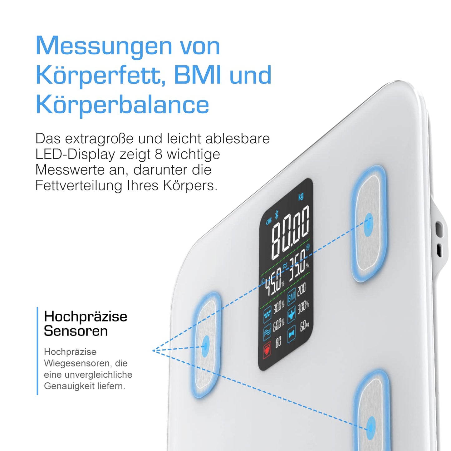 Active Era Bluetooth digital body scale with large LED display - Bluetooth body fat scale with 16 measurements, highly accurate body weight, Body Mass Index (BMI), Free smartphone app (White)