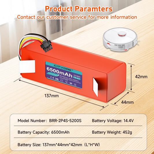 CITYORK Li-ion replacement battery for Roborock S7 S6 S5 S50 Max/MaxV/MaxV Ultra/Pure Xiaomi robot vacuum, for Roborock Q5 Q7 Pro/Max+ Mijia 1st and 2nd generation batteries - 14.4V 6500mAh