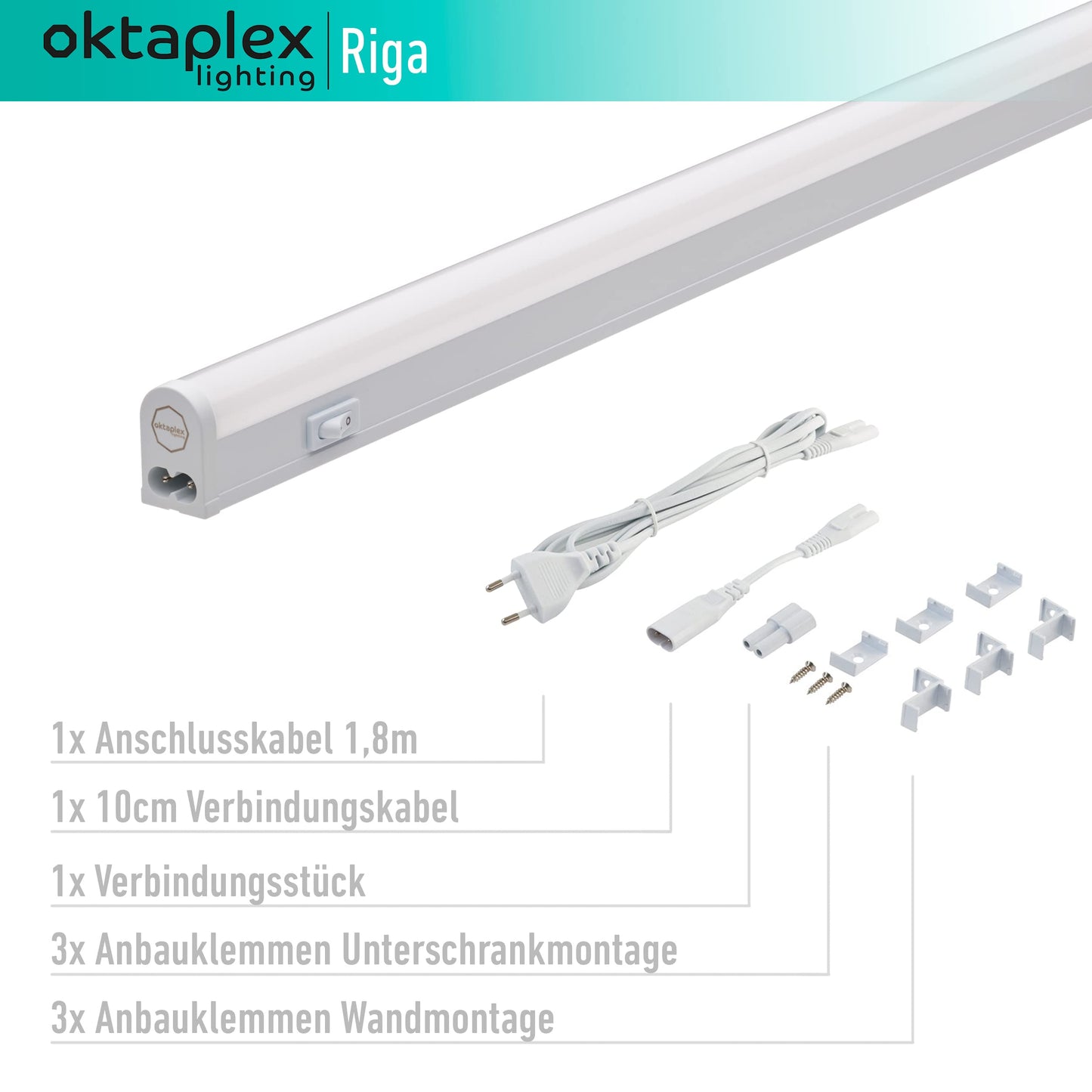 Octaplex Riga LED under cabinet light for kitchen 84cm neutral white 4000K light strip expandable under cabinet light 1270 lumens 12.7W 230V with switch.