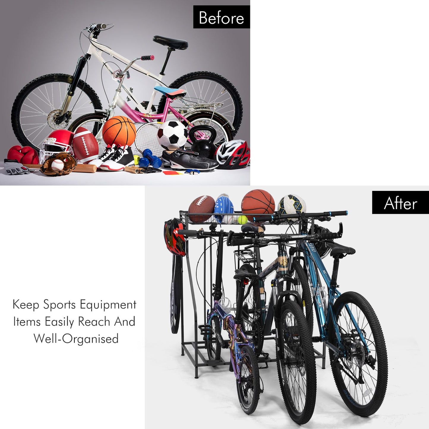 Bike rack, bicycle parking stand with 3 bike slots, extra wide basket, 6 hooks, adjustable bike slot for garage storage mountain bike, kids' bikes, bike stand