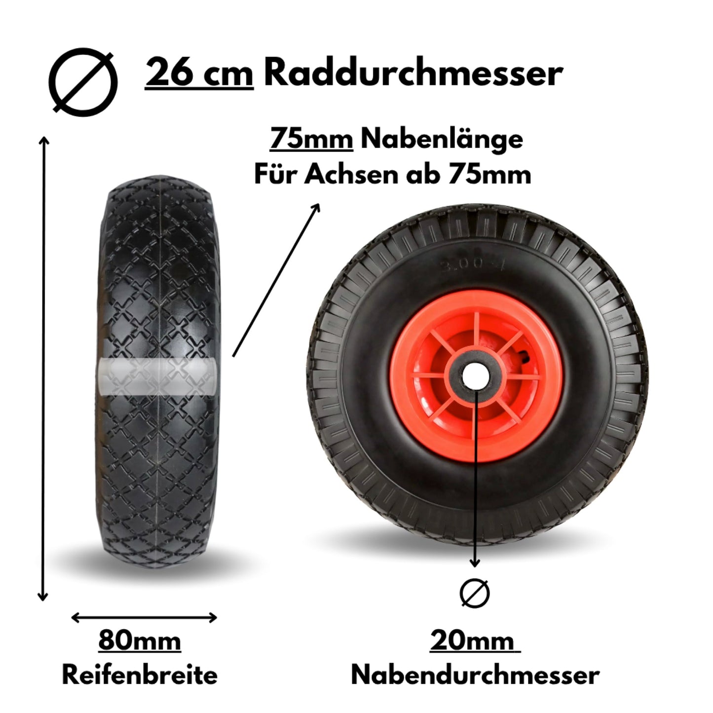 2 x Frosal PU Wheel Hand Truck 260 mm 3.00-4 | 20 mm Axle | Solid Rubber Hand Truck Wheel | Replacement Wheel for Cart Flat-Proof | Tire