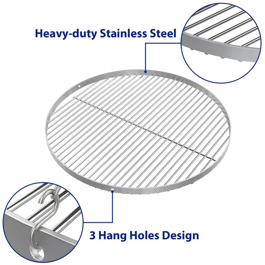GriHero stainless steel grill grate with a diameter of 70cm for swing grill, grill grid with 3 hanging holes for swing grill grate and fire bowl tripod BBQ grill accessory. Solid 4mm thickness.