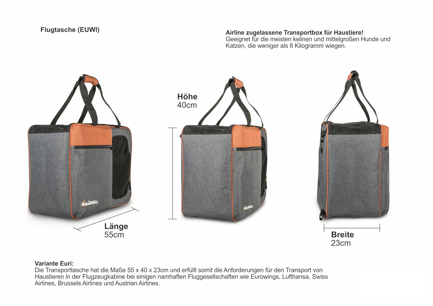 Annitaño - Premium dog carrying bag 55x40x23 cm - EUWI - Waterproof and durable up to 12 kg - Comfortable travel carrying bag for dogs