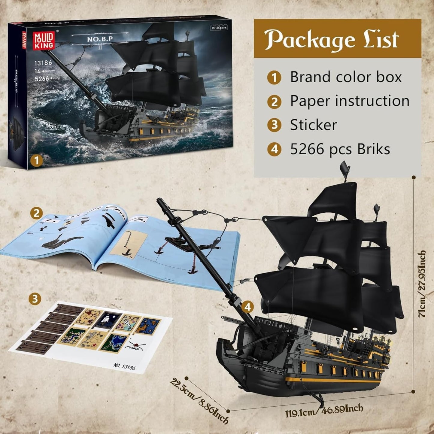 Mould King 13186 Black Pearl Pirate Ship Building Blocks Kit, 5266 pieces Large Sailboat Building Blocks Toy for Adults and Kids, STEM Technology Ship Building Blocks Kit Model.