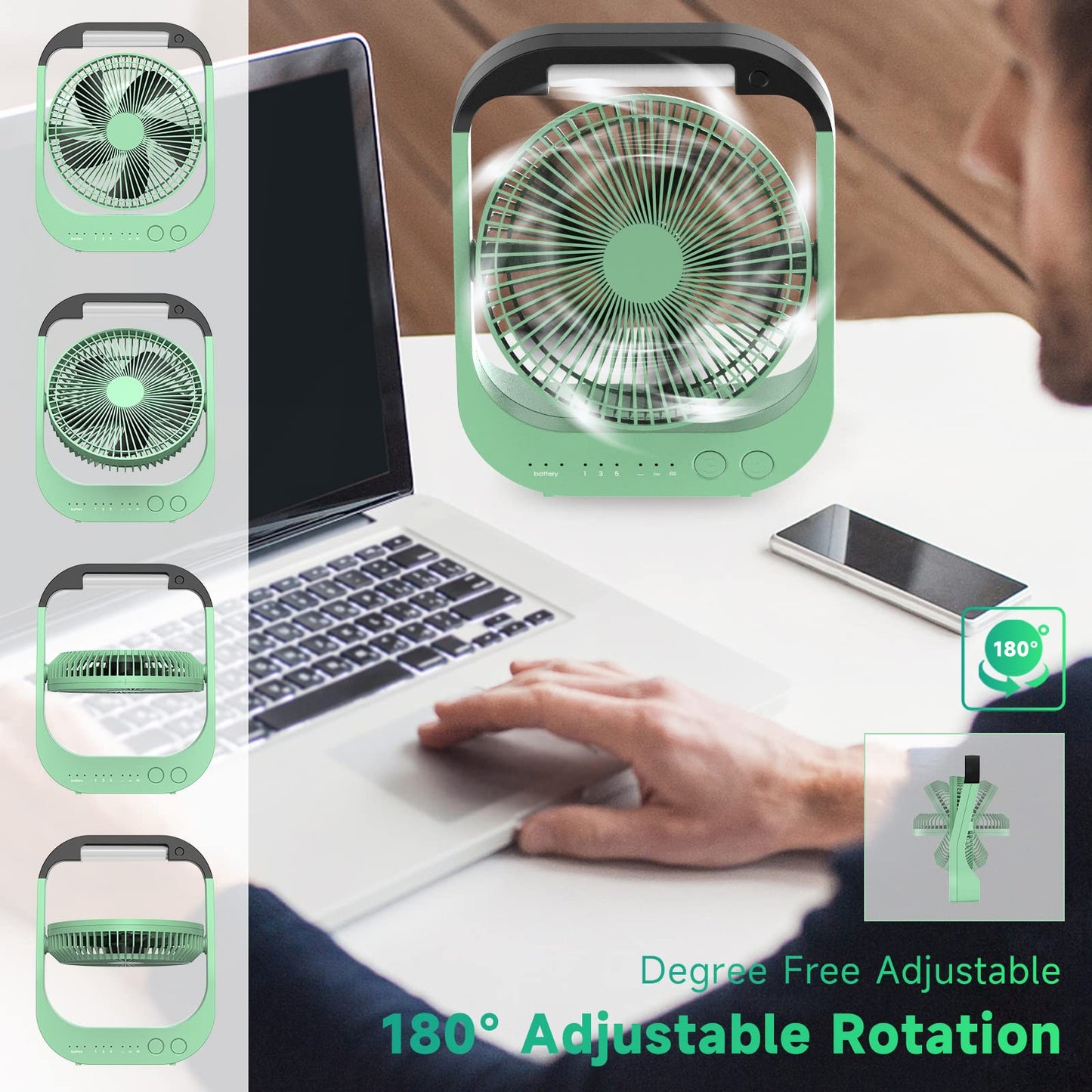 ATEngeus USB Fan, 10000mAh Battery Fan, 4-Speed Table Fan, 8" Camping Fan, 180° Rotation, LED Light, Timer, Portable Fan for Camping, Travel.