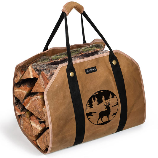 ART-GIFTREE Large waxed linen tote bag with handles, 99 x 45 cm, sturdy wooden holder for fireplace - Reindeer