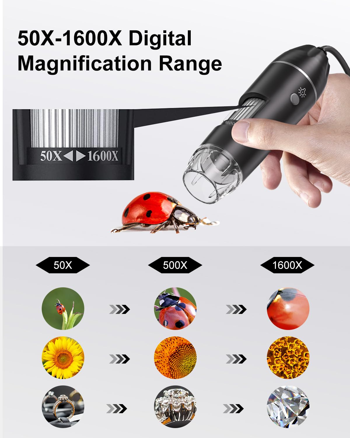USB Microscope Digital, AOPICK 1440P microscope for iPhone Android, 10 to 200X digital microscope with 8 LED & stand HD Mobile Microscope Compatible with iOS, Android, Tablet