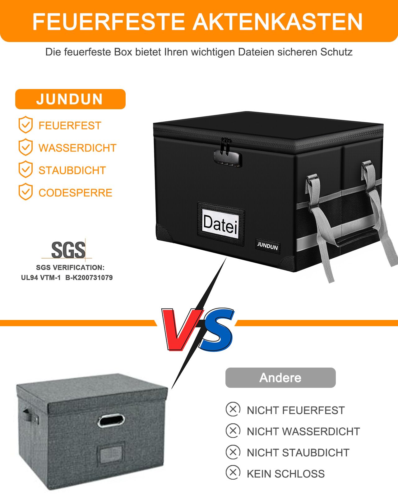 JUNDUN File Organizer Box with Lock, Foldable Fireproof Document Box with Water-Resistant Zipper and Lid, Portable Decorative Hanging File Box for Home/Office.