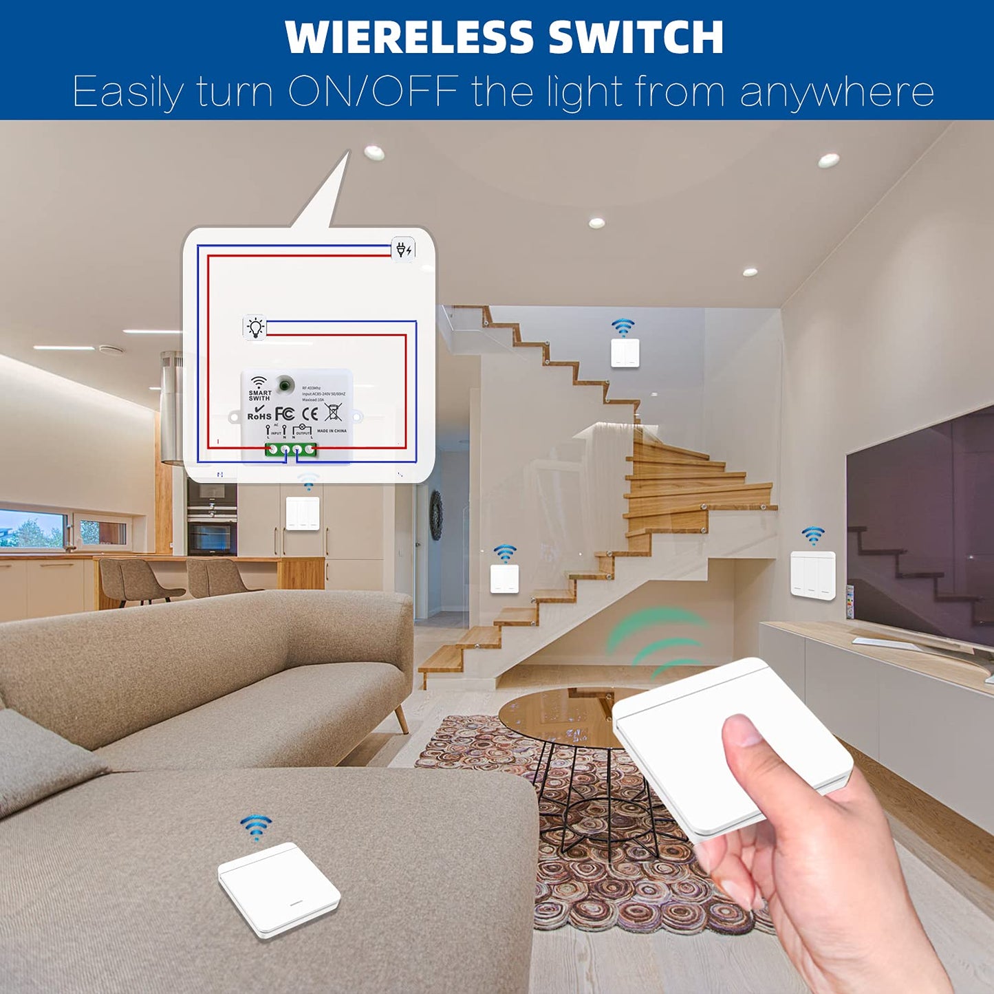This RC radio light switch, radio transmitter security switch, and receiver controller 10A, easy installation for lamps up to 1500W.