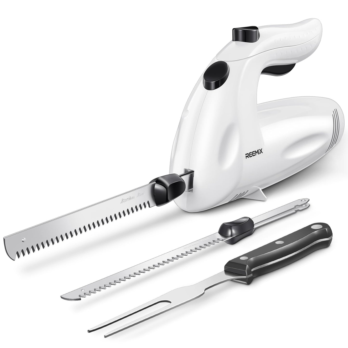 Reemix Electric Knife Kitchen Electric Knife for Meat Electric Kitchen Knife for Frozen Food, usable blade length 15 cm, stainless steel knife blades with fine and coarse serration (Pearl White)