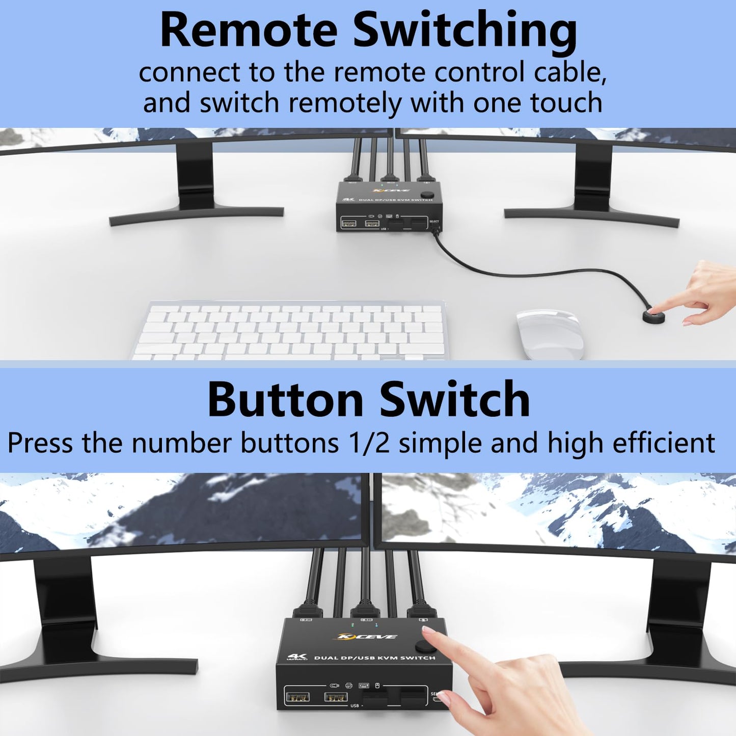 8K@30Hz KVM switch for 2 PCs and 2 monitors, 4K@144Hz dual monitor KVM switch with DisplayPort for 2 PCs, 2 monitors, and 4 USB 3.0 devices, includes DP+USB cable and desktop controller.