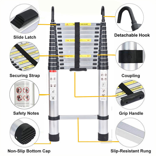 5M telescopic ladder with removable hook. Multi-purpose aluminum telescopic ladder. Portable extension ladder. Foldable ladder for outdoor and indoor use, safe and durable. Capacity up to 150kg.