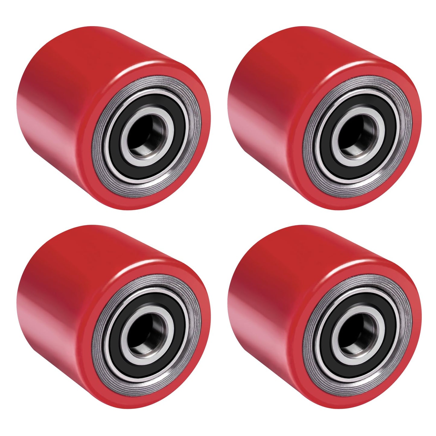 4 pieces of pallet truck wheels Polyurethane 80 x 70 mm, axle 20 mm incl. ball bearings. Wheels for pallet trucks replacement wheels, Max. load 600 KG.
