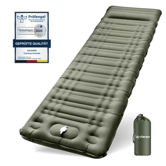 Arliers self-inflating sleeping pad, 12CM thick air mattress for camping with foot pump and pillow, Anti-Ripstop portable sleeping mat for hiking, travel, beach - army green.