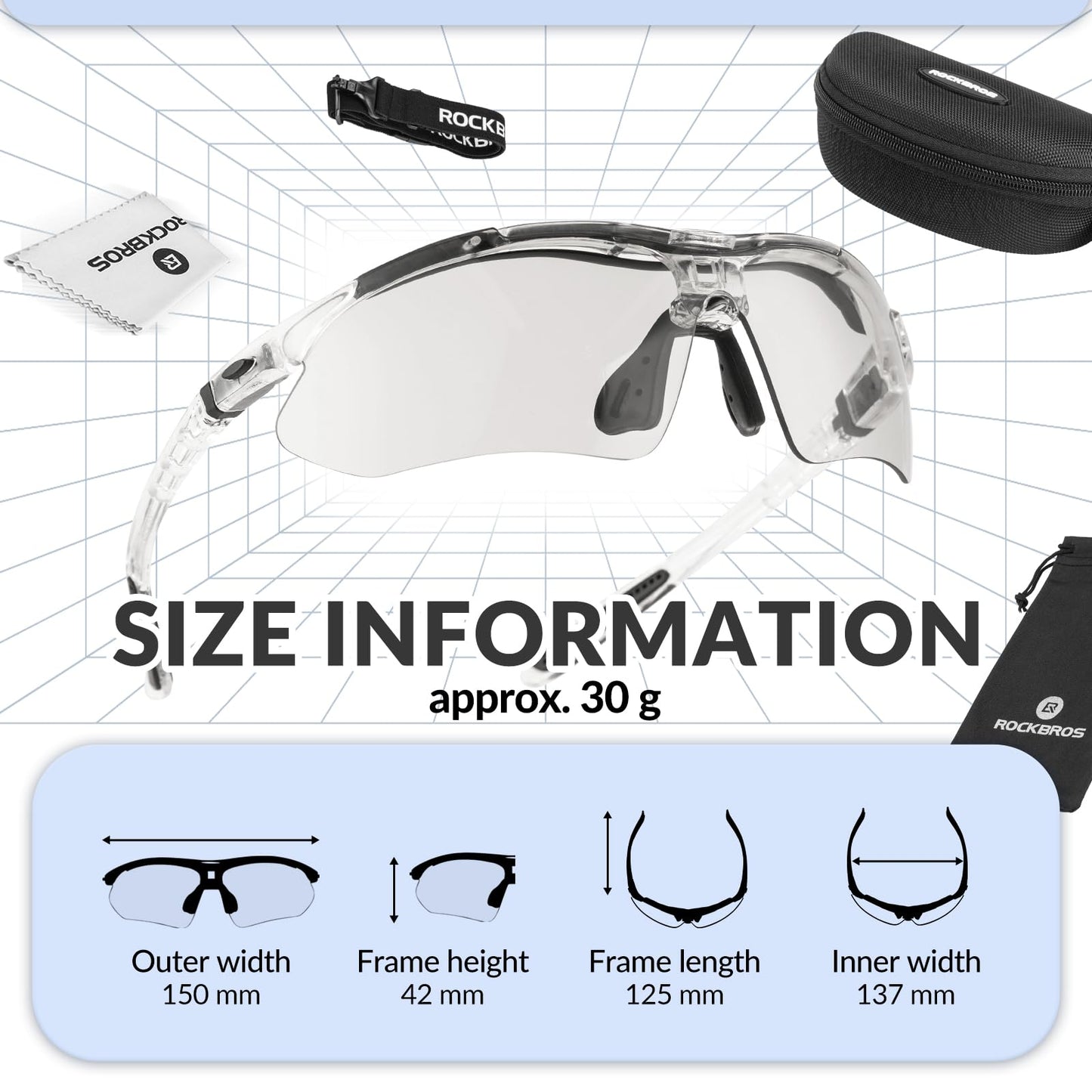 ROCKBROS self-tinting cycling glasses sunglasses for men/women with UV 400 and headband for eyeglass wearers. Ideal for outdoor activities like running and mountain biking. Transparent lenses.