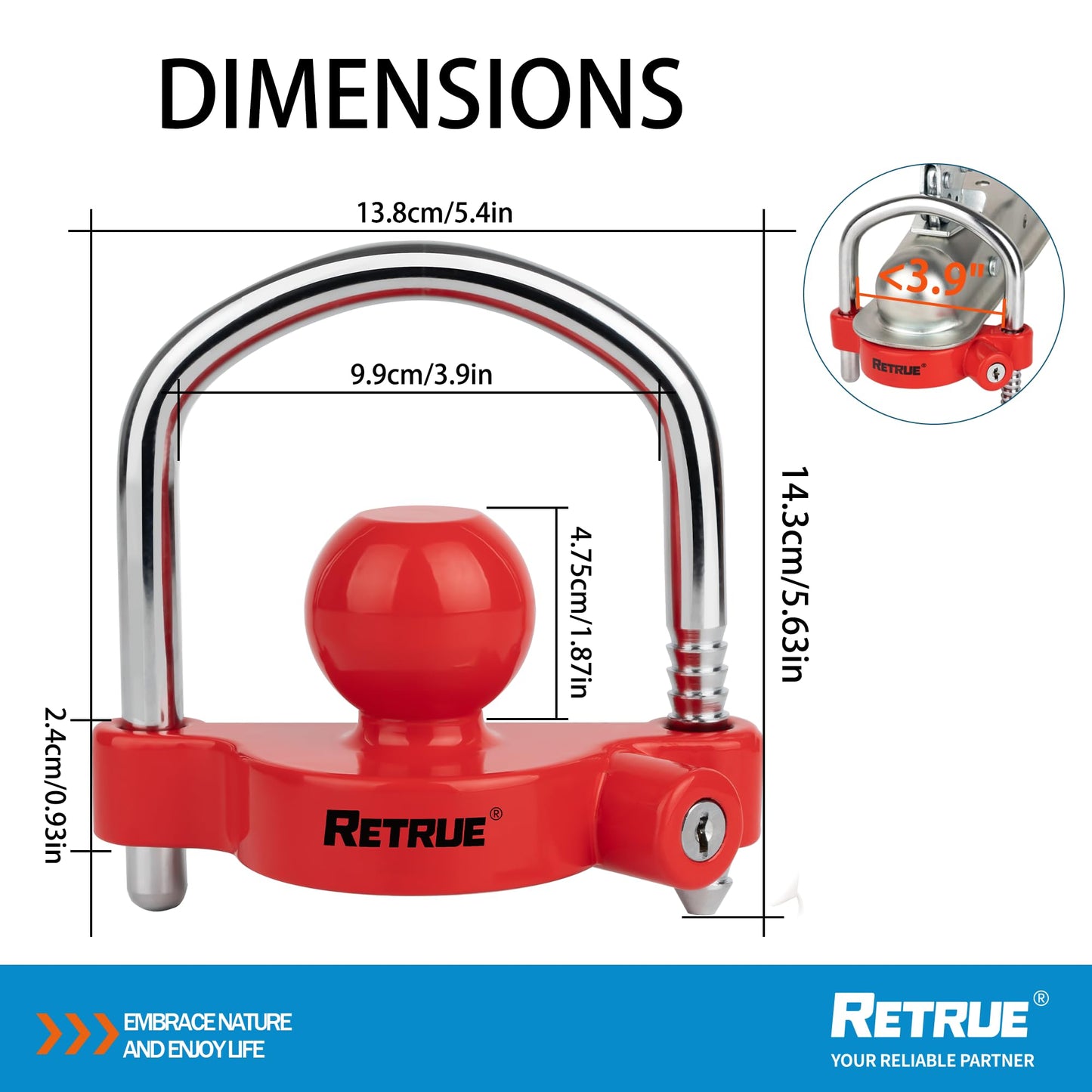 RETRUE Trailer hitch lock, theft protection for common trailer couplings, trailer ball lock coupling lock. Trailer security lock with 2 keys, red.