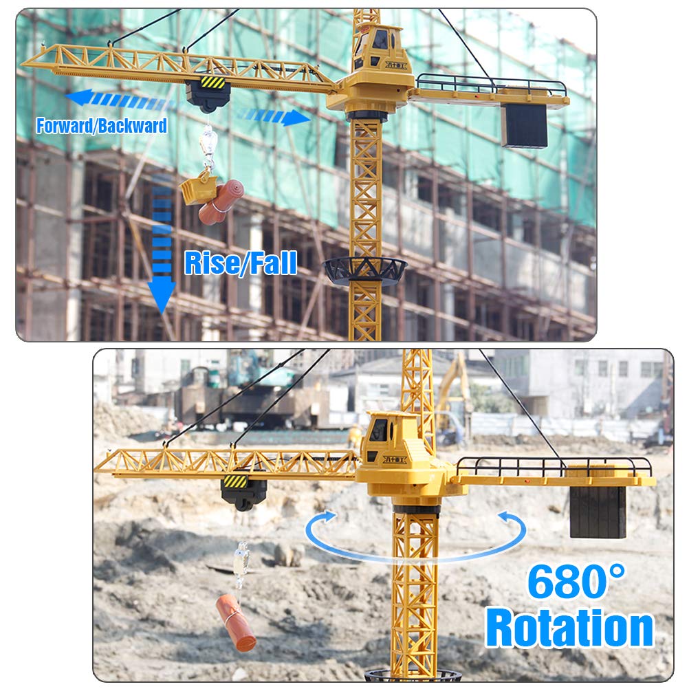 Mini Tudou 128 cm high 2.4 GHz remote-controlled tower crane, 6 channels radio control construction RC crane toy. 680 degree rotation, lift model with tower light and sounds for kids boys.