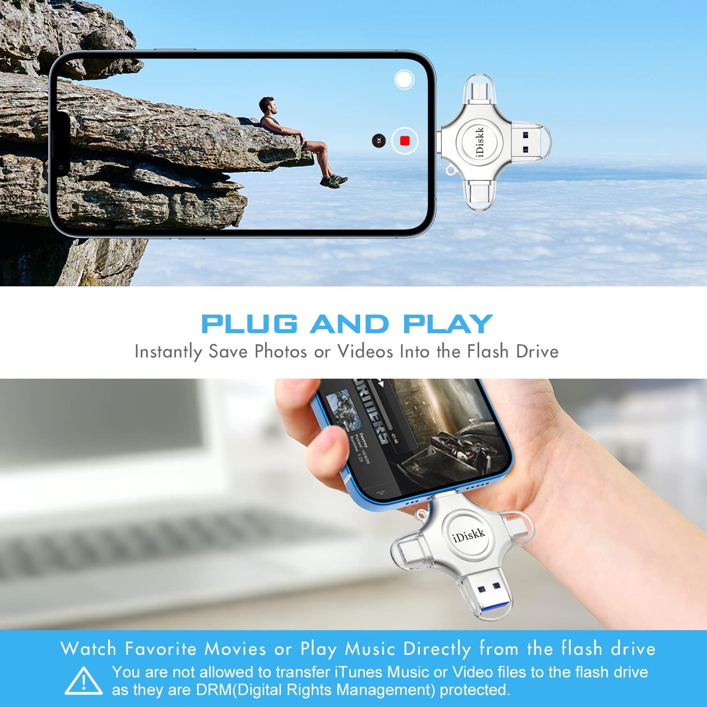iDiskk 512GB Photo Stick for iPhone, 4-in-1 iPhone Lightning USB Stick, External iPhone storage sticks, iPad storage, works with the latest iPhone USB-C device, Android phone, Mac, and computer.