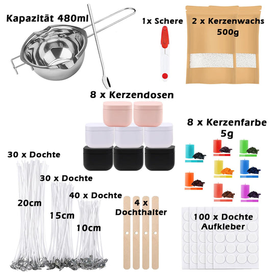 ALLAVA Candle Making Kit, DIY Kit for Adults, Candle Wax 1KG, 8 Candle Tins, Melting Pot 480ML, Candle Wicks, Candle Stickers, Wick Holder, DIY Set for Candle Making