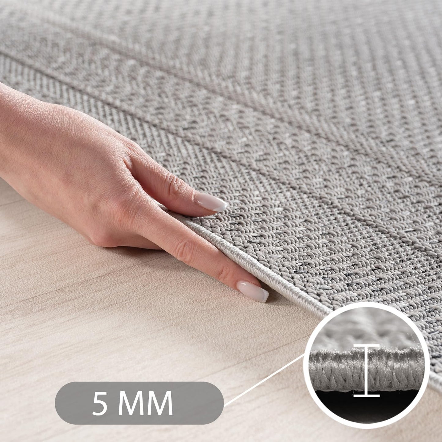 SIMPEX Outdoor Rug Weatherproof Grey 200x290 cm, UV-resistant, perfect for kitchen, balcony, terrace, garden, living room, dining room, Solid design with border, Easy to care for