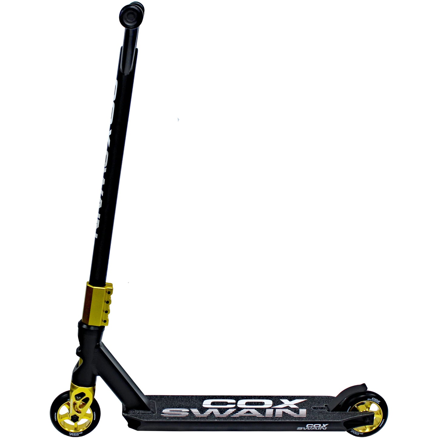 Cox Swain Stunt Scooter X-385, SCS compression, CNC fork, 100mm PU/aluminum wheels, ABEC 9, for kids + adults, beginners + pros, super stable - black/gold
