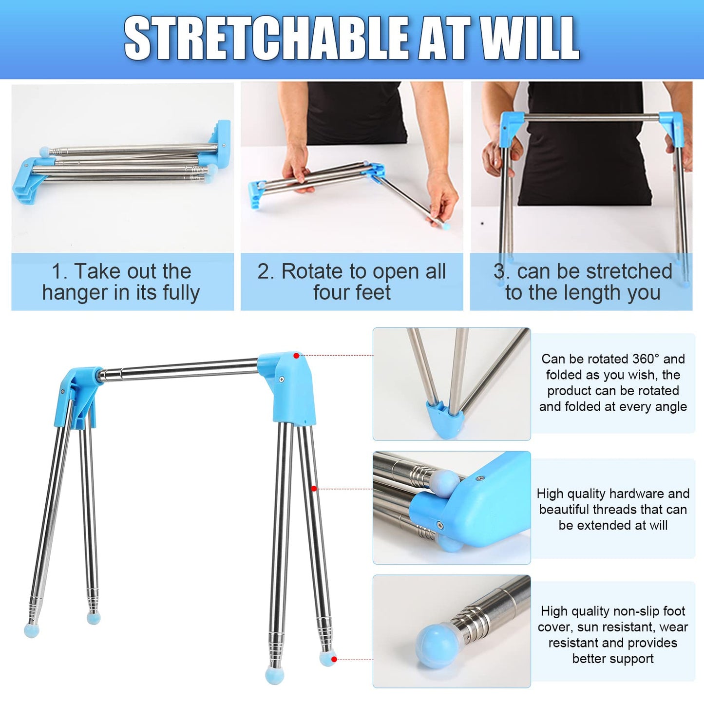 Folding Portable Clothes Rack, Extendable Clothes Pole, Adjustable Travel Clothes Stand, Lightweight Clothes Rack for Travel, Dance, Camping, Laundry