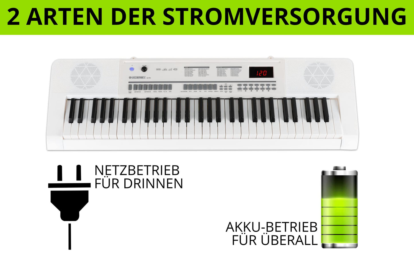 McGrey 6170 WH Battery Keyboard - 61 keys keyboard with built-in battery - 200 sounds and rhythms - MP3 player via USB stick - Accompaniment and learning function - Includes microphone - White