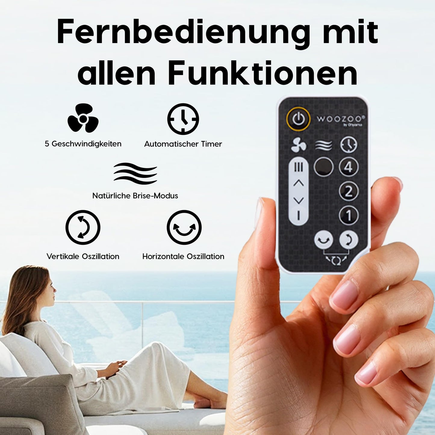 Iris Ohyama Woozoo, 30m², Fan, White, 5 speeds, Remote control, Oscillating, quiet, Table Fan, Desk Fan, Floor Fan, portable, Cooling, PCF-SC15T