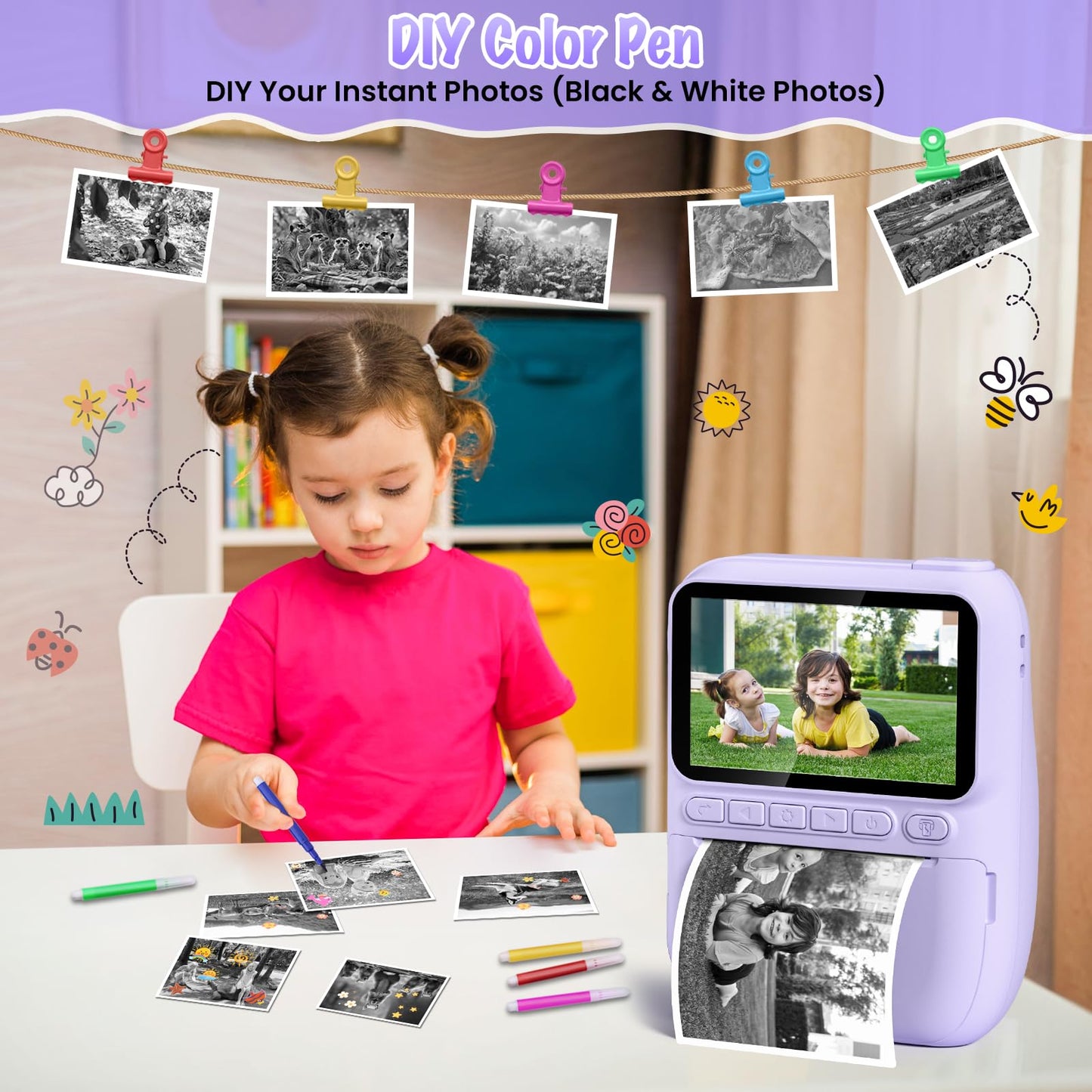 Gofunly Instant Camera for Kids, 3.0-inch Screen Kids Camera with 32GB Card & Print Paper, 14MP/1080P Kids Instant Print Camera, Gift for 3-12 Years Old (Violet)