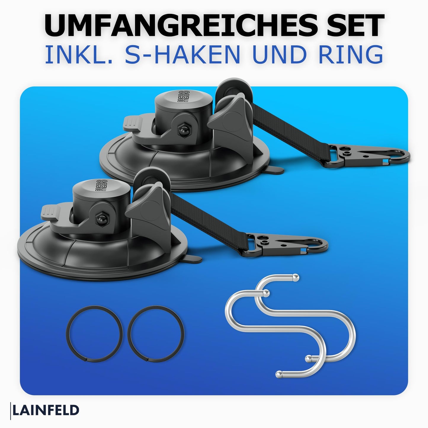 LAINFELD Suction Cup Hooks | 2 pack with carabiner closure and large hooks | Extra strong | for camping, car, balcony | Suction hooks