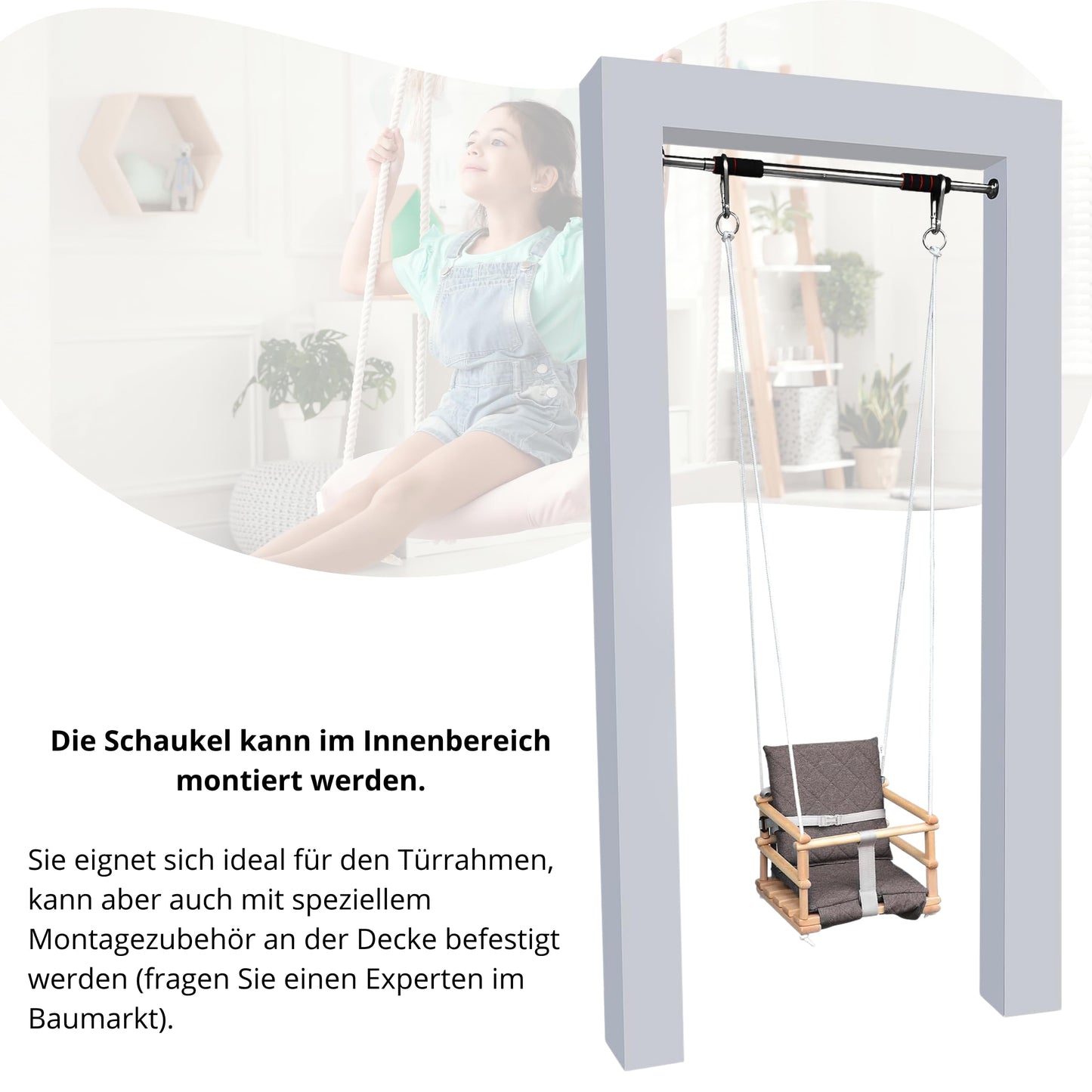 Wooden baby swing, children's swing, 3 in 1 swing for kids with safety belt, toddler swing, baby swing and swing seat, wooden children's swing for indoor and outdoor use (light grey)