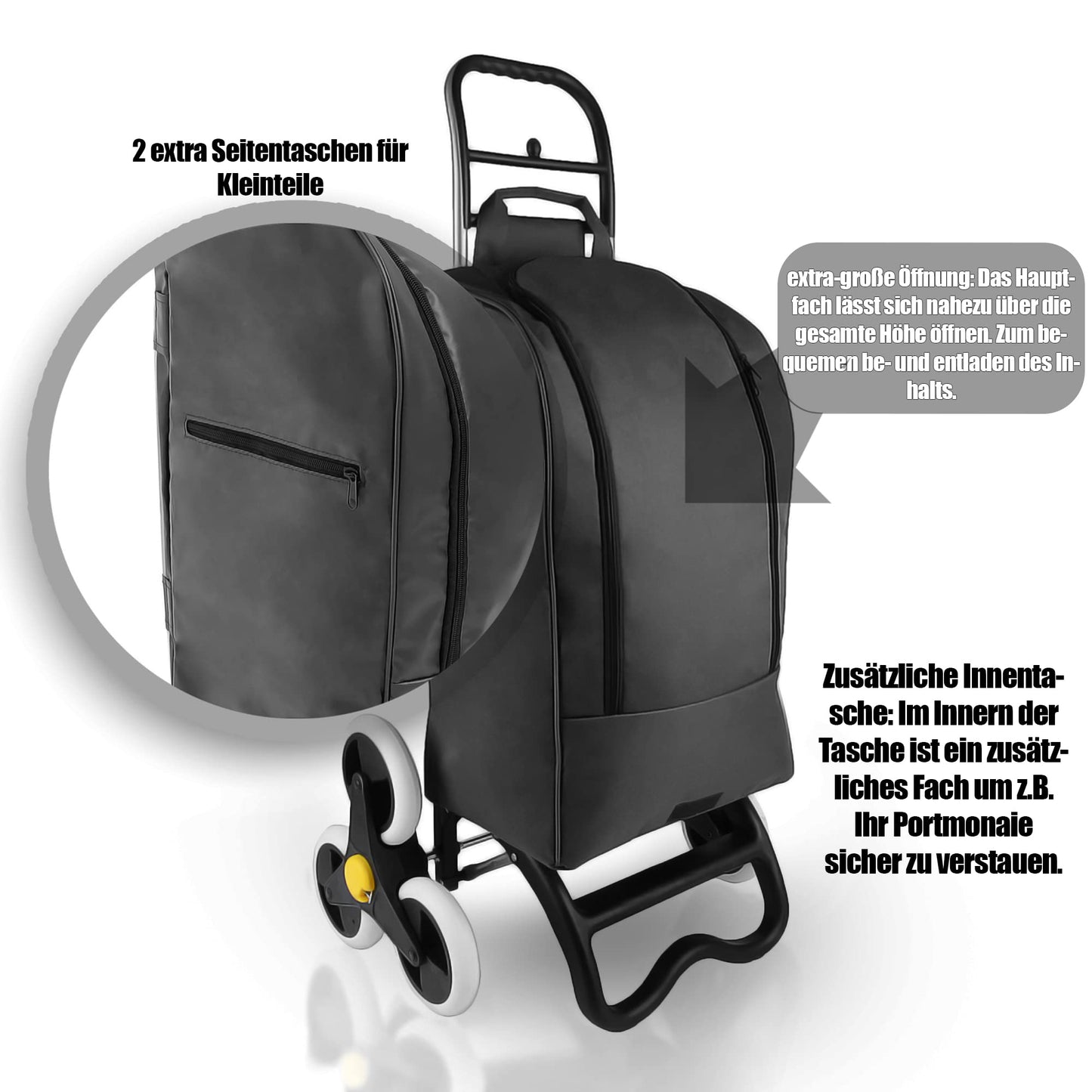 BigDean shopping trolley with stair climbing function, cooler compartment & 6 large wheels - 40L foldable black - shopping cart shopping roller cooler bag shopping bag stair climber