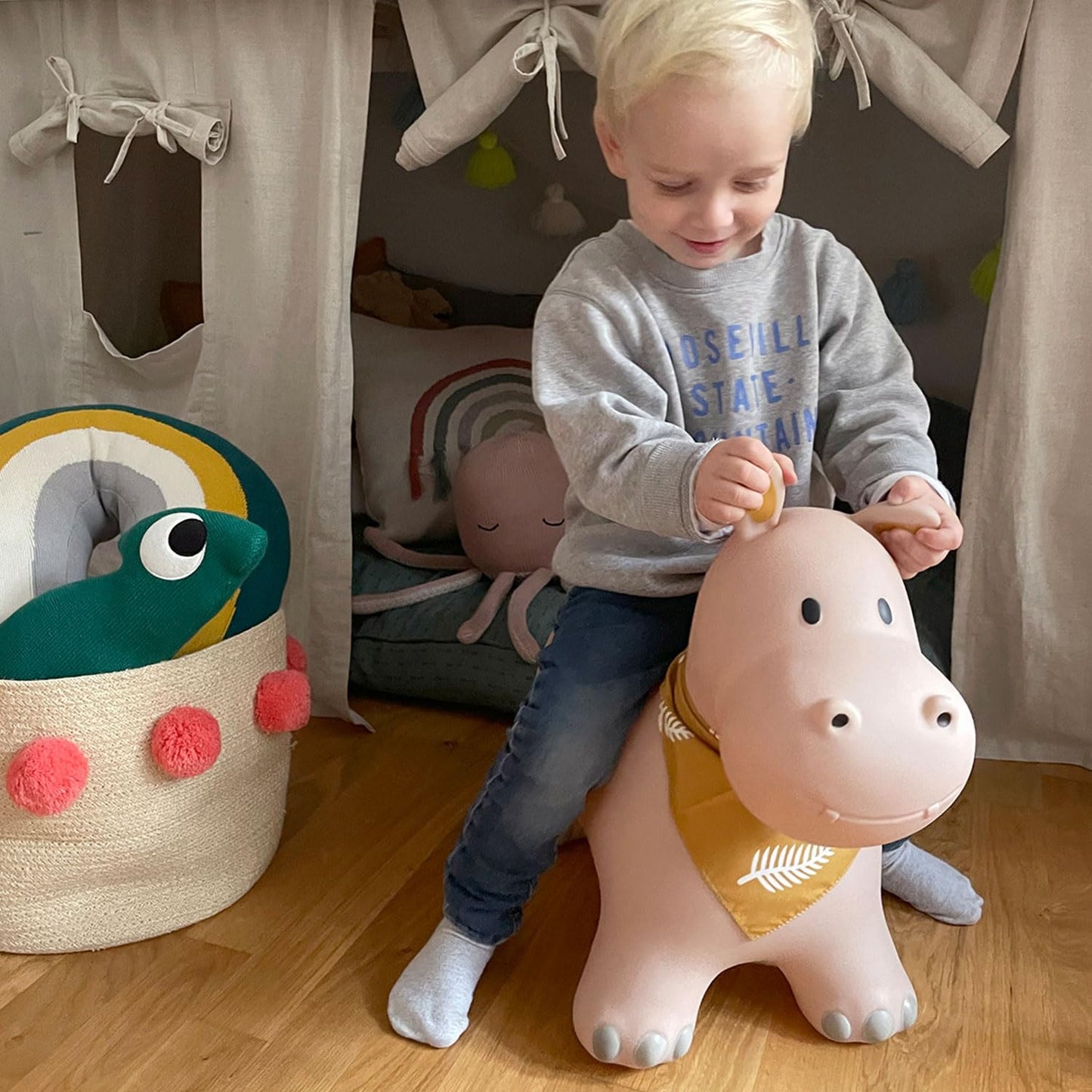 Childhood Hopper for kids, subtle and modern colors, loving details and high-quality, includes air pump, Hippo