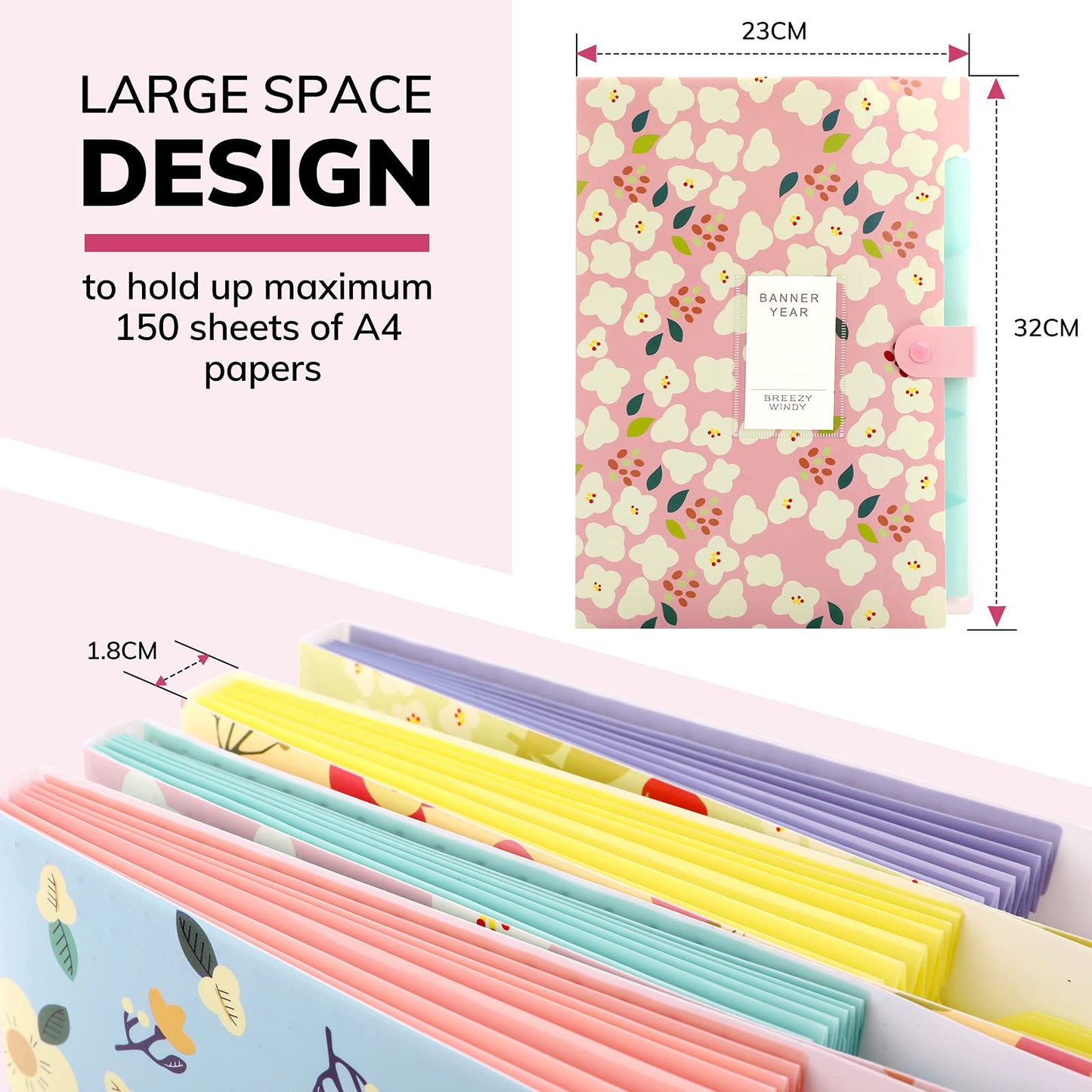 KONVINIT document folder a4, accordion folder with 6 pockets floral/flower document folder organizer paper organizer removable aesthetic school supplies, 4 pieces.